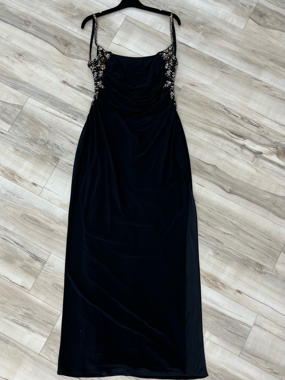 Mac Duggal Black Maxi Dress with Gold Beaded Accents